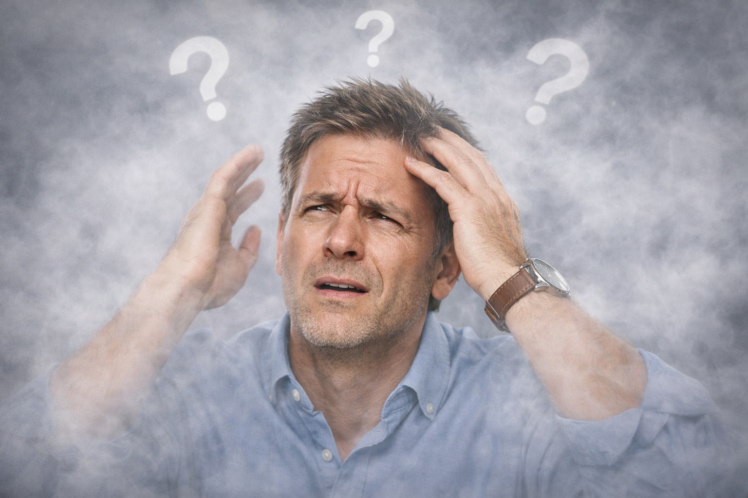 Person with a confused expression, foggy background